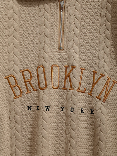 Men's BROOKLYN NEW YORK Letter Embroidered Cable Textured Quarter Zip Design Pullover Sweatshirt Set