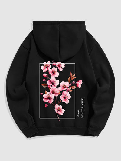 Men's Japanese Letter Cherry Blossoms Graphic Pattern Fuzzy Fleece-lined Kangaroo Pocket Design Pullover Hoodie Set