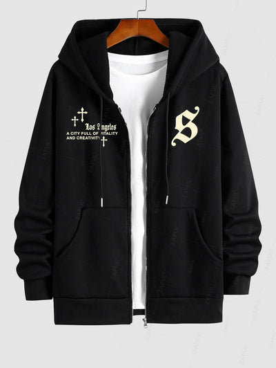 Men's Gothic Style Los Angeles Letter Cross Graphic Pattern Fuzzy Fleece-lined Zip Up Hoodie Jacket Set