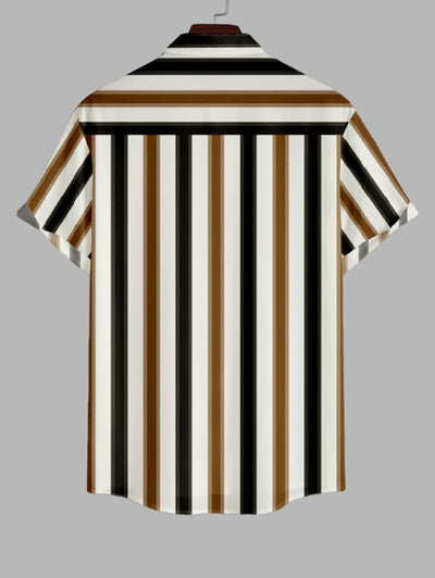 Men's Colorblock Stripes Button Up Short Sleeves Shirt And Solid Color Cotton and Linen Straight Leg Pants Sets