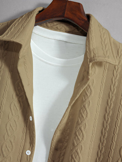 Men's Solid Color Cable Knit Jacquard Textured Button Up Short Sleeves Shirt