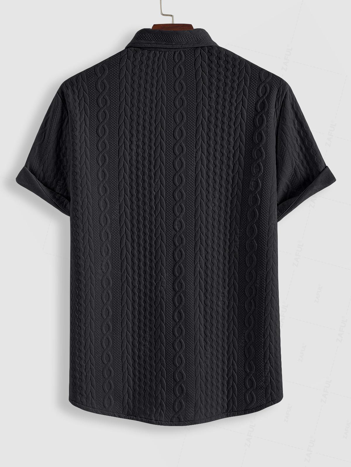 Men's Solid Color Button Up Front Pocket Cable Jacquard Textured Short Sleeves Shirt and Slant Pockets Drawstring Casual Shorts Sets