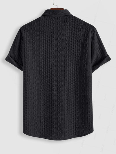 Men's Solid Color Button Up Front Pocket Cable Jacquard Textured Short Sleeves Shirt and Slant Pockets Drawstring Casual Shorts Sets