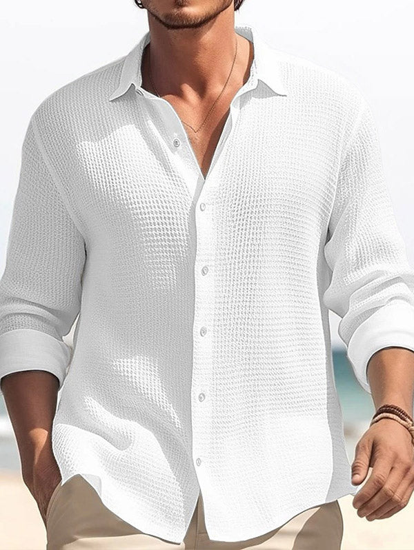 Men's Casual Minimalist Style Solid Color Textured Button Up Long Sleeve Shirt And Cotton and Linen Straight Leg Pants Sets