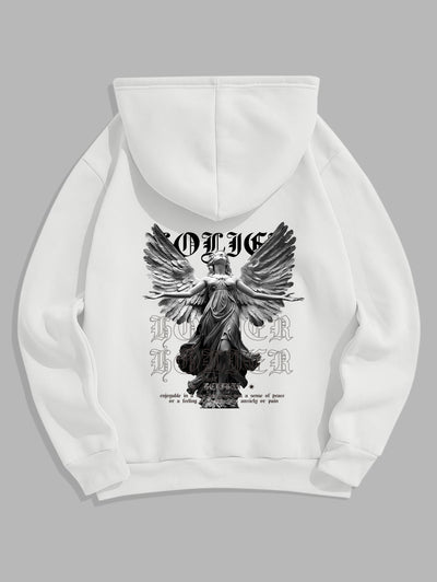 Men's Letter Figure Statue With Wings Pattern Fuzzy Fleece-lined Kangaroo Pocket Design Pullover Hoodie Set