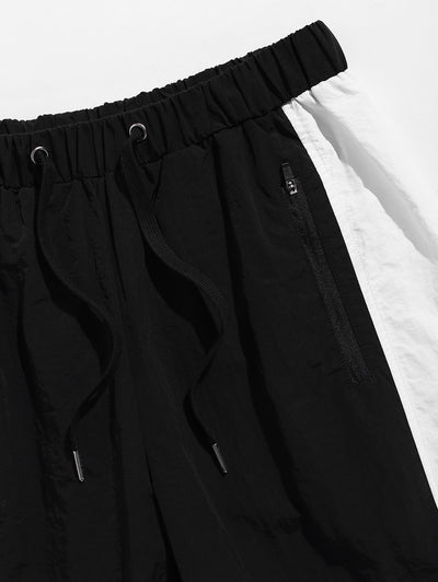 Men's Colorblock Letter Pattern Zip Pockets Design Drawstring Casual Cargo Shorts