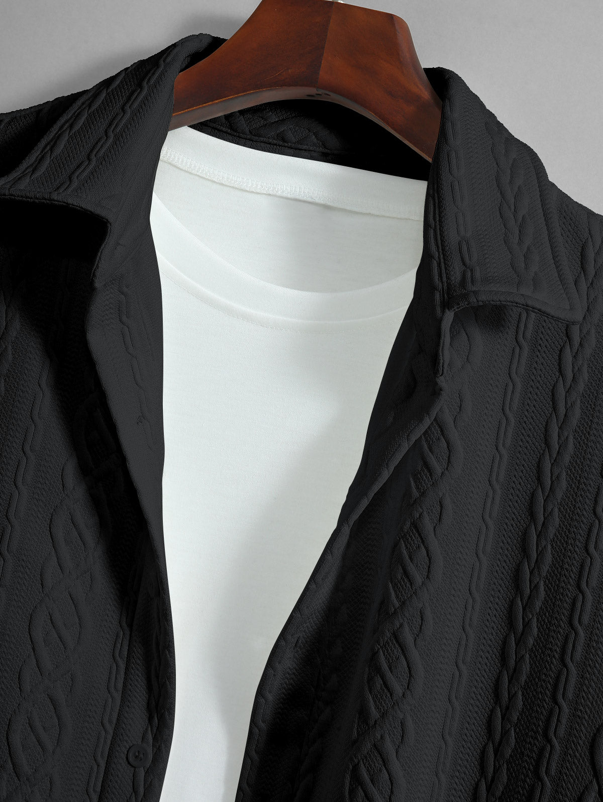 Men's Solid Color Cable Knit Jacquard Textured Button Up Short Sleeves Shirt