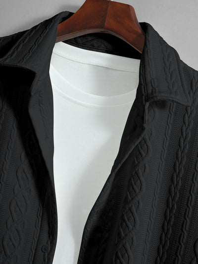 Men's Solid Color Cable Knit Jacquard Textured Button Up Short Sleeves Shirt