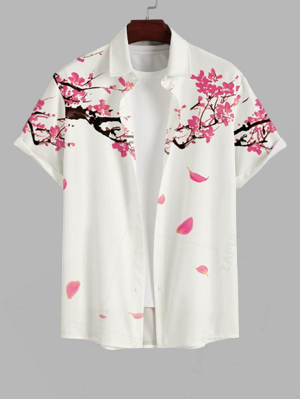 Men's Vacation Floral Plum Blossom Printed Button Up Short Sleeves Shirt And Basic Casual Shorts Set