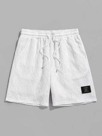 Men's Lace Openwork Argyle Jacquard Textured Patch Design Crew Neck Short Sleeves T-shirt And Drawstring Casual Shorts Set