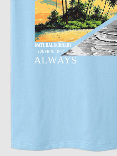 Men's Natural Scenery Palm Tree Sea Sun Letter Graphic Printed Casual Beach Crew Neck Short Sleeves T-shirt