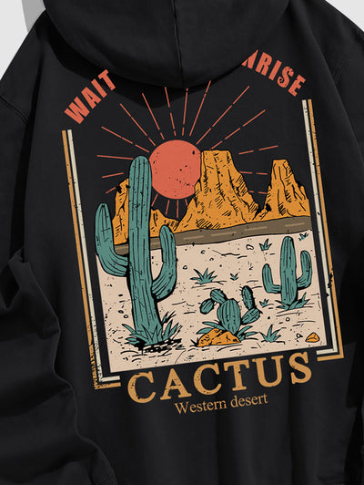 Men's Sun Letter Cactus Pattern Kangaroo Pocket Pullover Hoodie