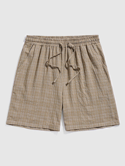 Men's Cotton And Linen Textured Grid Camp Collar Button Up Short Sleeves Shirt And Drawstring Casual Shorts Set