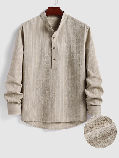 Cotton And Linen Striped Textured Half Button Design Stand Collar Pullover Long Sleeves Shirt Set