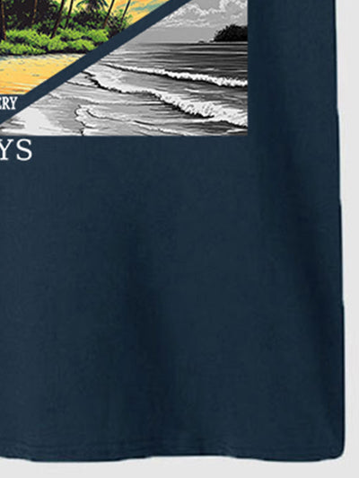 Men's Natural Scenery Palm Tree Sea Sun Letter Graphic Printed Casual Beach Crew Neck Short Sleeves T-shirt