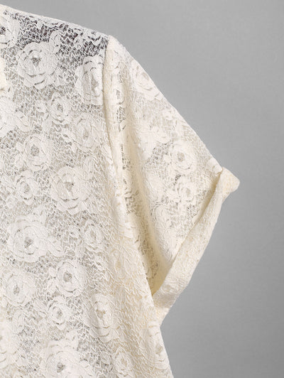 Men's Floral Rose Lace Openwork Camp Collar Button Up Short Sleeves Shirt