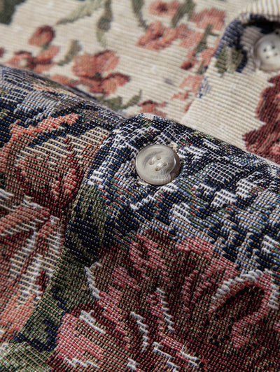 Men's Cotton And Linen Textured Floral Pattern Camp Collar Button Up Short Sleeves Shirt