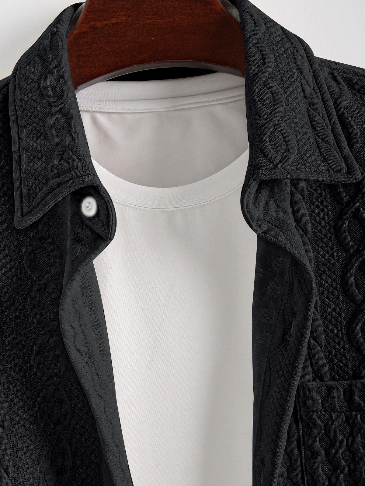 Men's Solid Color Button Up Front Pocket Cable Jacquard Textured Short Sleeves Shirt and Slant Pockets Drawstring Casual Shorts Sets