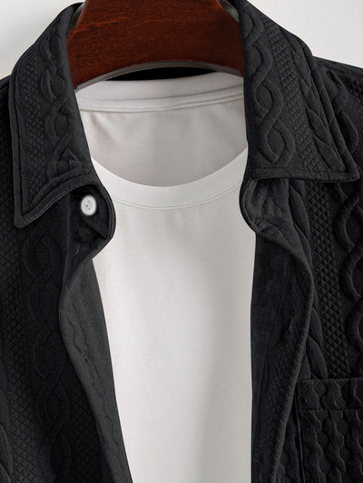 Men's Solid Color Button Up Front Pocket Cable Jacquard Textured Short Sleeves Shirt and Slant Pockets Drawstring Casual Shorts Sets