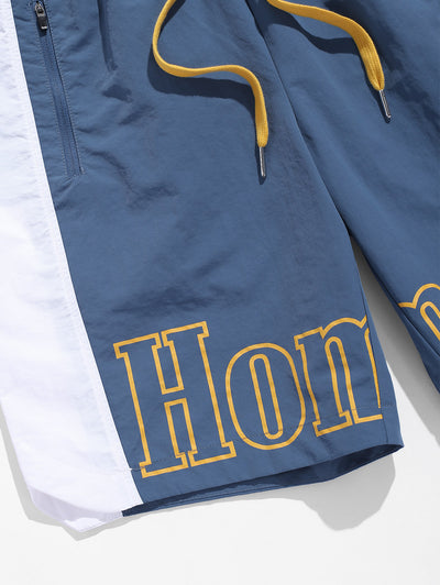 Men's Colorblock Letter Pattern Zip Pockets Design Drawstring Casual Cargo Shorts