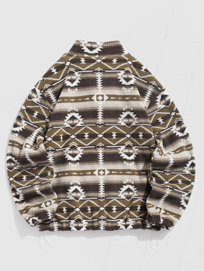 Men's Ethnic Aztec Print Thermal Fluffy Fleece Half Zip Stand Collar Pullover Sweatshirt Set