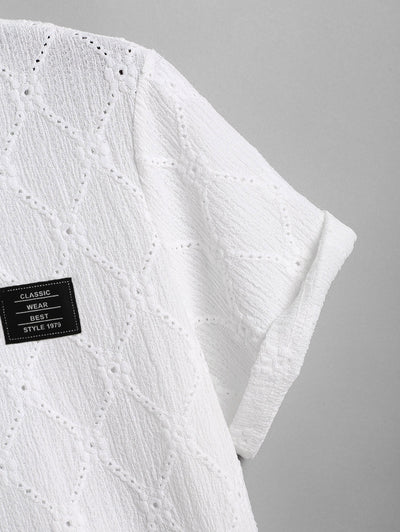 Men's Lace Openwork Argyle Jacquard Textured Patch Design Crew Neck Short Sleeves T-shirt