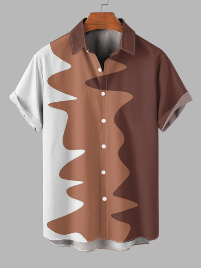 Men's Casual Colorblock Button Up Short Sleeves Shirt And Drawstring Shorts Sets