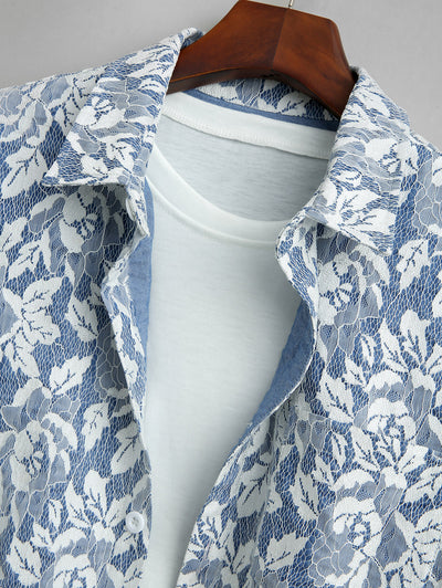 Men's Casual Lace Floral Pocket Design Button Up Short Sleeves Shirt