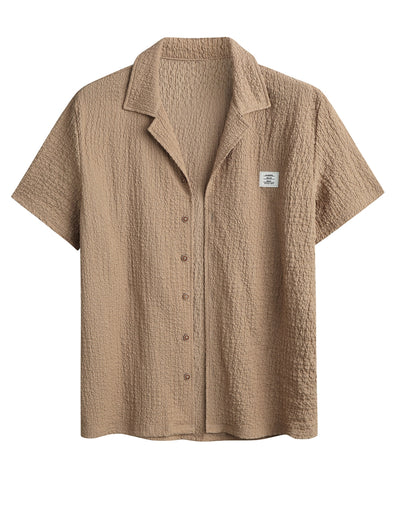 Men's Jacquard Textured Patch Design Camp Collar Button Up Short Sleeves Shirt And Drawstring Casual Shorts Set