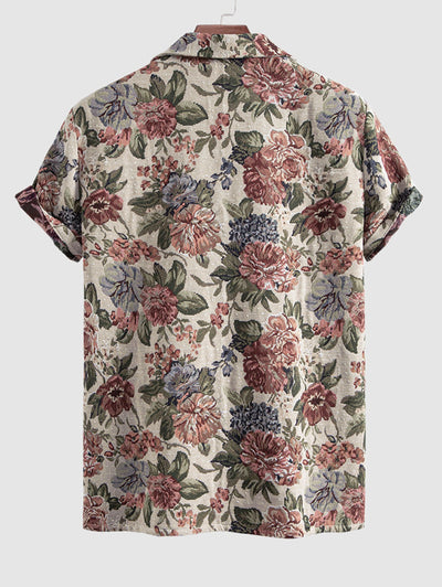 Men's Cotton And Linen Textured Floral Pattern Camp Collar Button Up Short Sleeves Shirt And Drawstring Casual Shorts Set