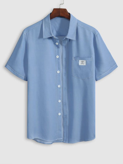 Men's Casual Letter Patch Design Pocket Button Up Short Sleeves Shirt And Drawstring Shorts Set
