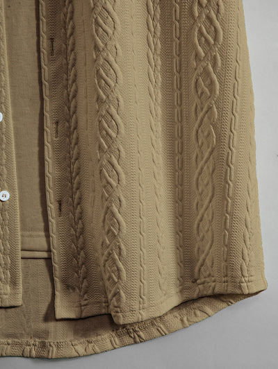 Men's Solid Color Cable Knit Jacquard Textured Button Up Short Sleeves Shirt