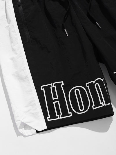 Men's Colorblock Letter Pattern Zip Pockets Design Drawstring Casual Cargo Shorts