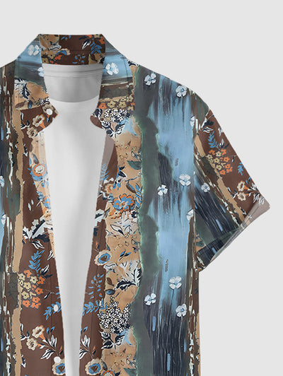 Men's Colorblock Brush Painting Tiny Floral Pattern Button Up Short Sleeves Shirt And Drawstring Shorts Set