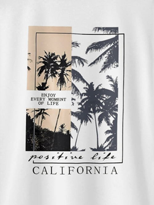 Men's Letter Palm Tree Graphic Printed Crew Neck Short Sleeves T-shirt And Drawstring Casual Shorts Set