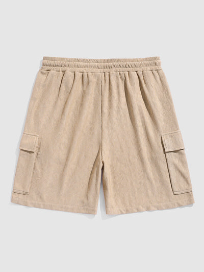 Men's Casual Bark Wrinkle Textured Front Pocket Button Up Short Sleeves Shirt And Drawstring Shorts Set