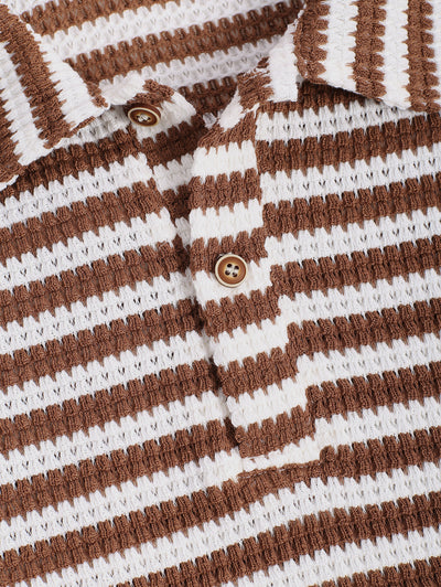 Men's Contrast Striped Polo Collar Half Buttoned Knit Short Sleeves T-shirt
