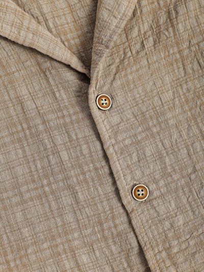 Men's Cotton And Linen Textured Grid Camp Collar Button Up Short Sleeves Shirt