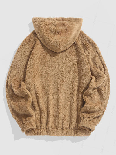 Bear Terry Embroidered Pullover Fluffy Faux Fur Teddy Hoodie Set