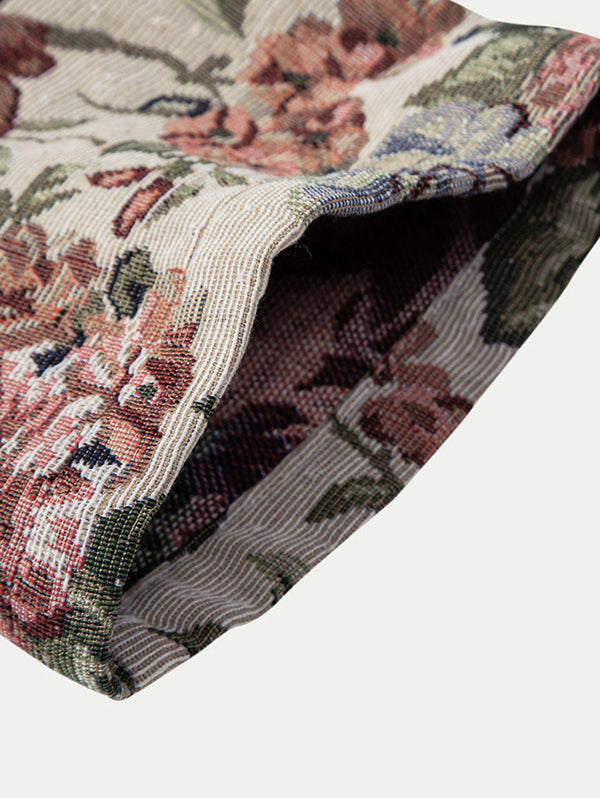 Men's Cotton And Linen Textured Floral Pattern Camp Collar Button Up Short Sleeves Shirt