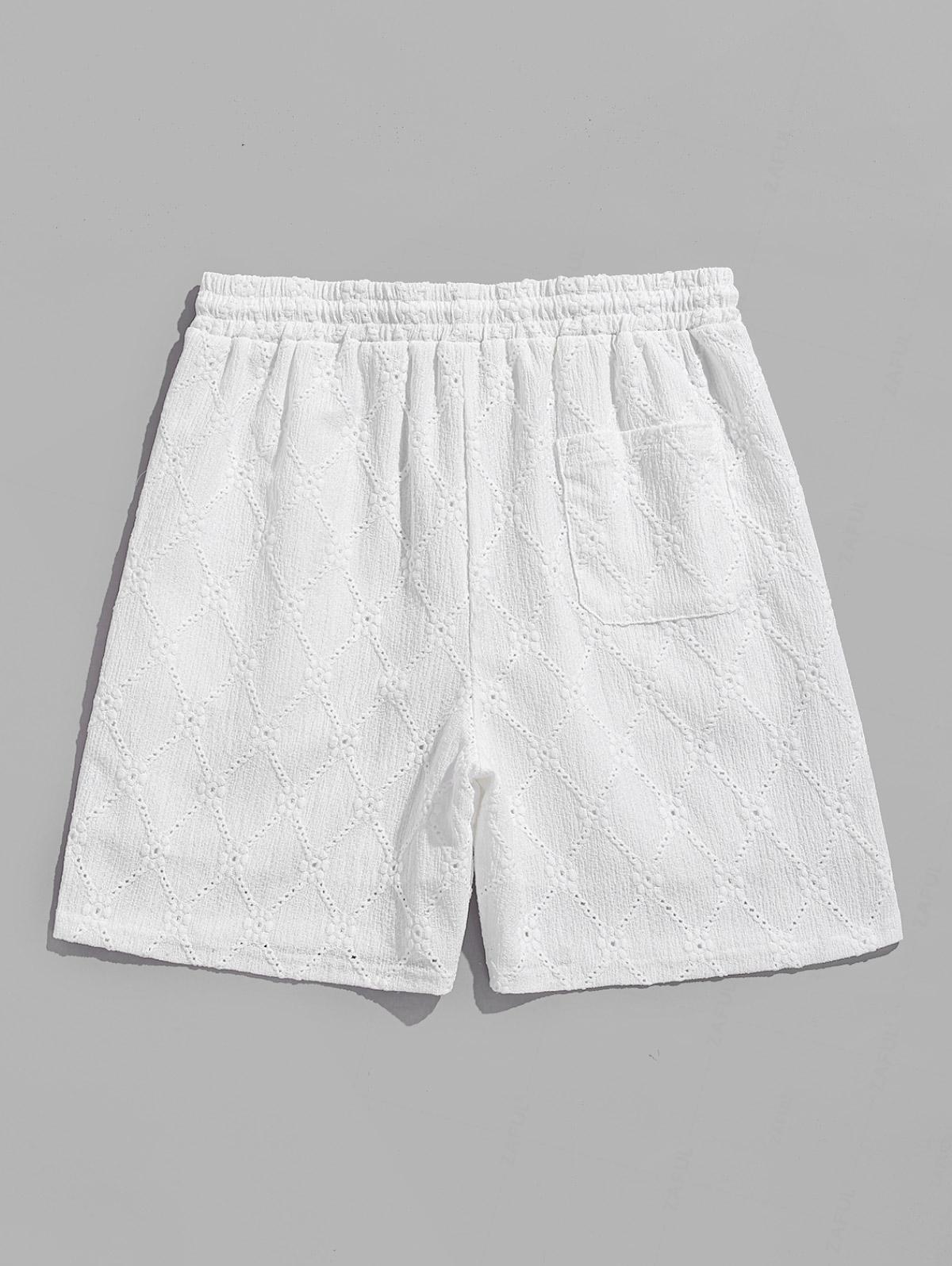 Men's Lace Openwork Argyle Jacquard Textured Patch Design Crew Neck Short Sleeves T-shirt And Drawstring Casual Shorts Set