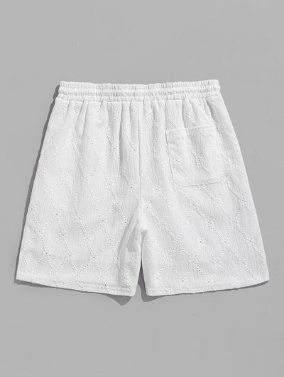 Men's Lace Openwork Argyle Jacquard Textured Patch Design Crew Neck Short Sleeves T-shirt And Drawstring Casual Shorts Set