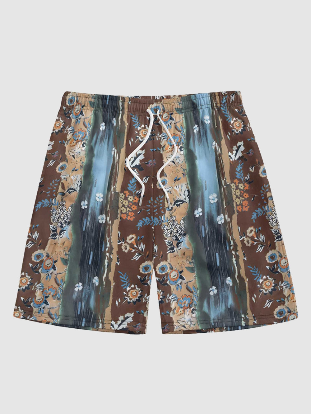 Men's Colorblock Brush Painting Tiny Floral Pattern Button Up Short Sleeves Shirt And Drawstring Shorts Set