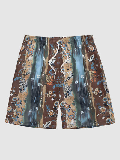 Men's Colorblock Brush Painting Tiny Floral Pattern Button Up Short Sleeves Shirt And Drawstring Shorts Set