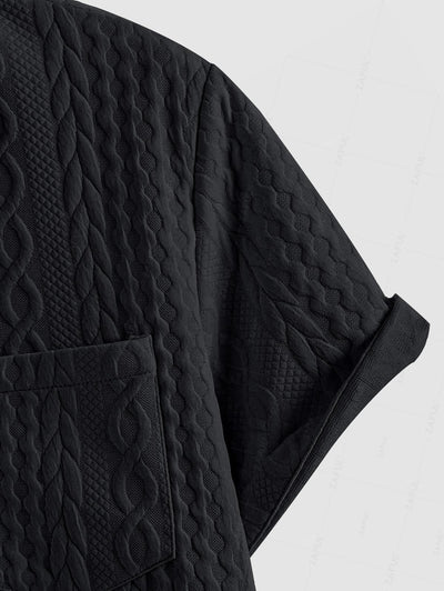 Men's Solid Color Button Up Front Pocket Cable Jacquard Textured Short Sleeves Shirt and Slant Pockets Drawstring Casual Shorts Sets