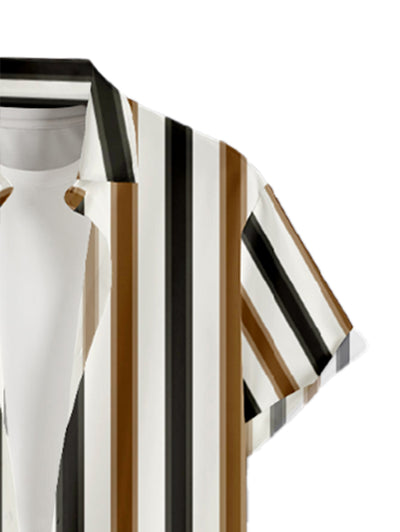 Men's Colorblock Stripes Button Up Short Sleeves Shirt And Solid Color Cotton and Linen Straight Leg Pants Sets