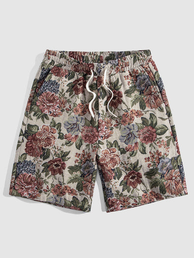 Men's Cotton And Linen Textured Floral Pattern Camp Collar Button Up Short Sleeves Shirt And Drawstring Casual Shorts Set