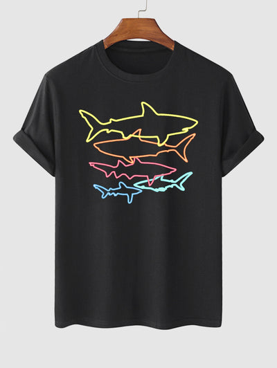 Men's Colorful Shark Fish Pattern Printed Crew Neck Short Sleeves T-shirt