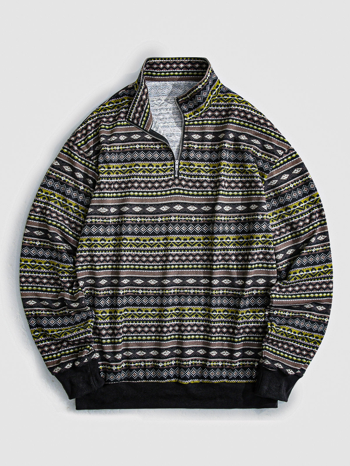 Men's Vintage Ethnic Print Quarter Zip Long Sleeve Stand Collar Pullover Sweatshirt