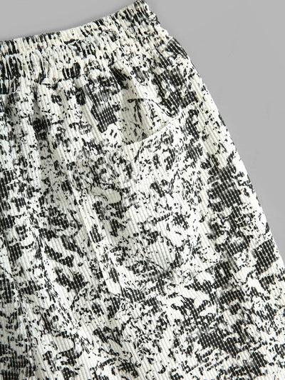 Men's Contrast Color Grid Textured Button Up Short Sleeves Shirt And Drawstring Casual Shorts Set